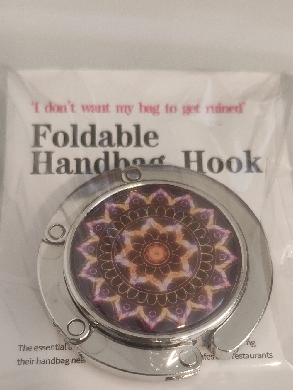 Foldable Handbag Hook with Purple Mandala Accent